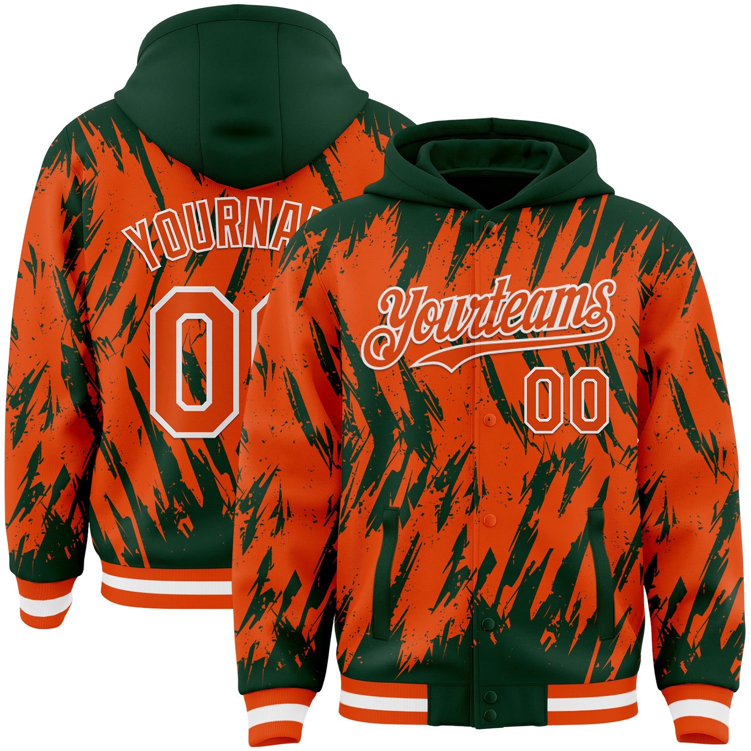 Custom Green Orange-White Abstract Sharp Shape Fragment Pattern Bomber Full-Snap Varsity Letterman Hoodie Jacket