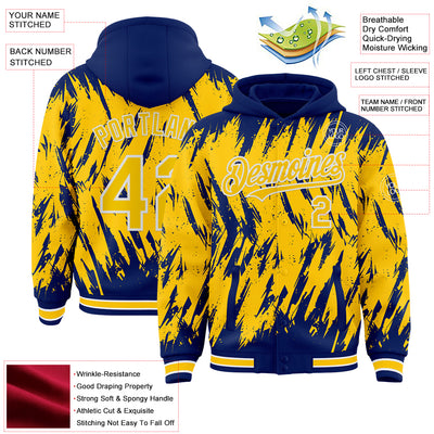 Custom Royal Yellow-White Abstract Sharp Shape Fragment Pattern Bomber Full-Snap Varsity Letterman Hoodie Jacket