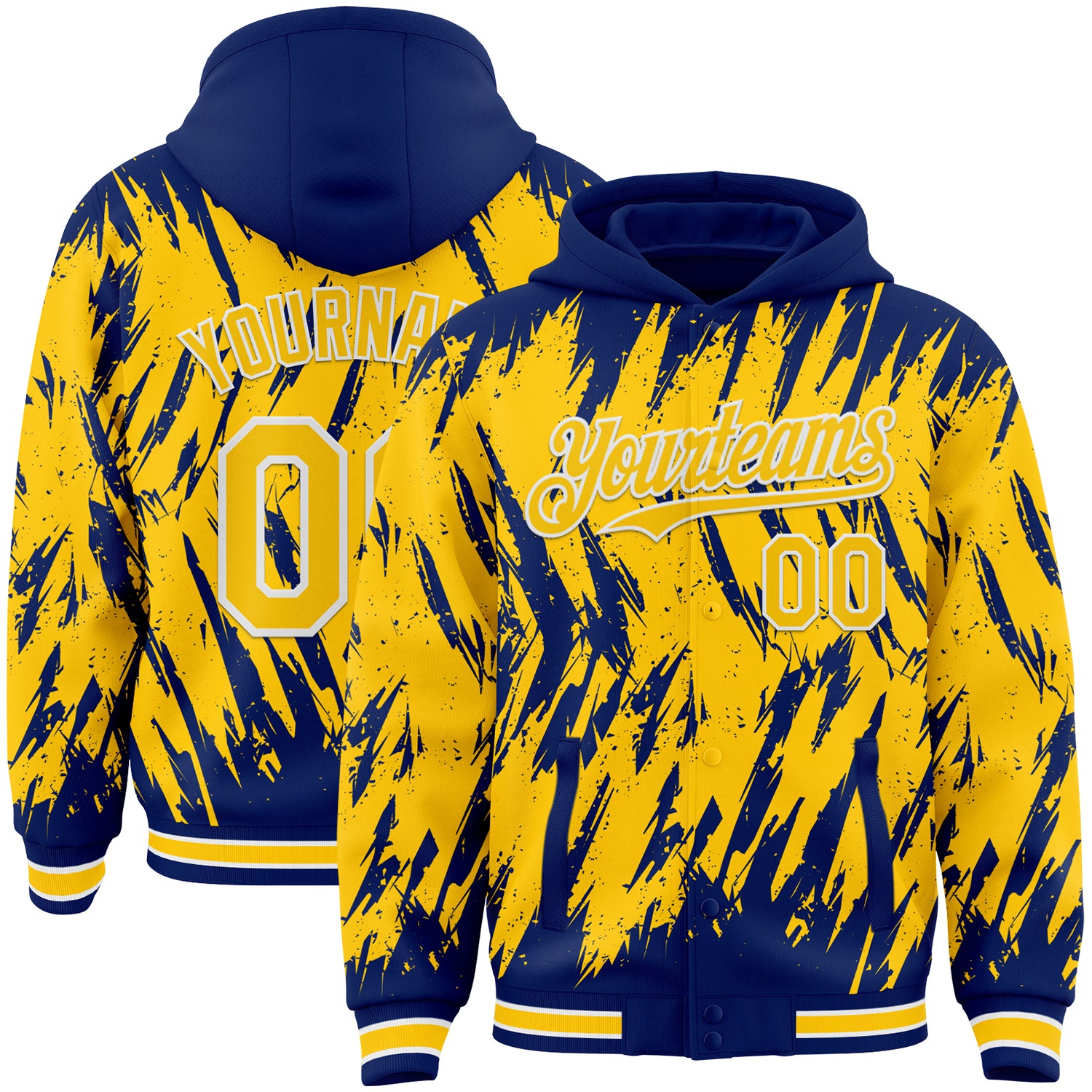 Custom Royal Yellow-White Abstract Sharp Shape Fragment Pattern Bomber Full-Snap Varsity Letterman Hoodie Jacket