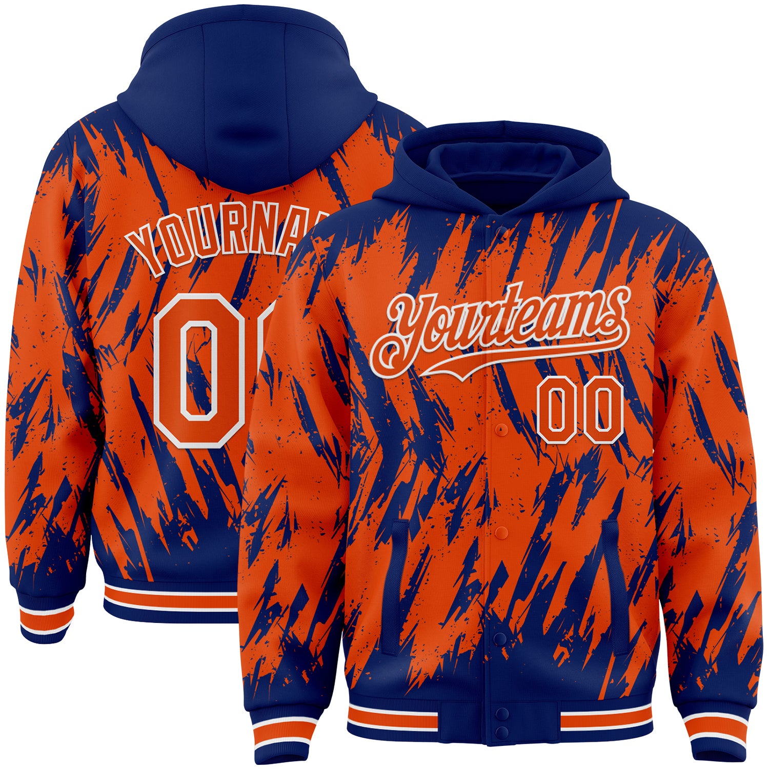 Custom Royal Orange-White Abstract Sharp Shape Fragment Pattern Bomber Full-Snap Varsity Letterman Hoodie Jacket