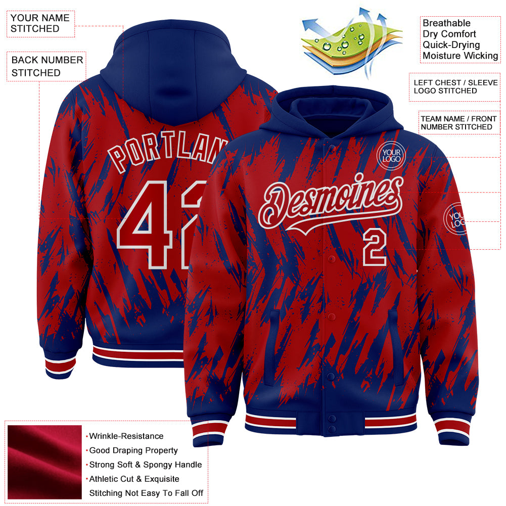 Custom Royal Red-White Abstract Sharp Shape Fragment Pattern Bomber Full-Snap Varsity Letterman Hoodie Jacket