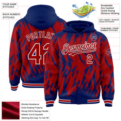 Custom Royal Red-White Abstract Sharp Shape Fragment Pattern Bomber Full-Snap Varsity Letterman Hoodie Jacket