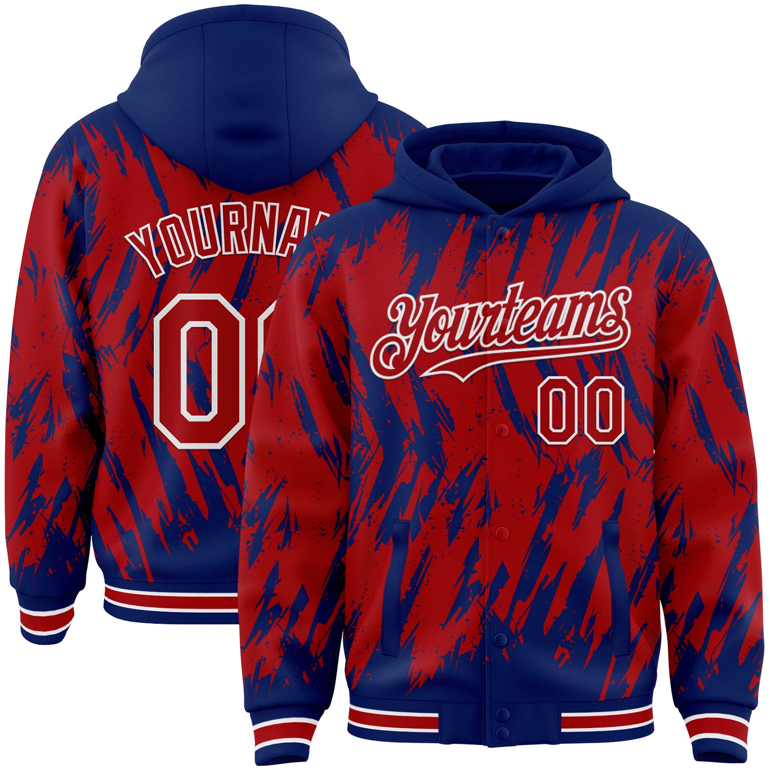 Custom Royal Red-White Abstract Sharp Shape Fragment Pattern Bomber Full-Snap Varsity Letterman Hoodie Jacket