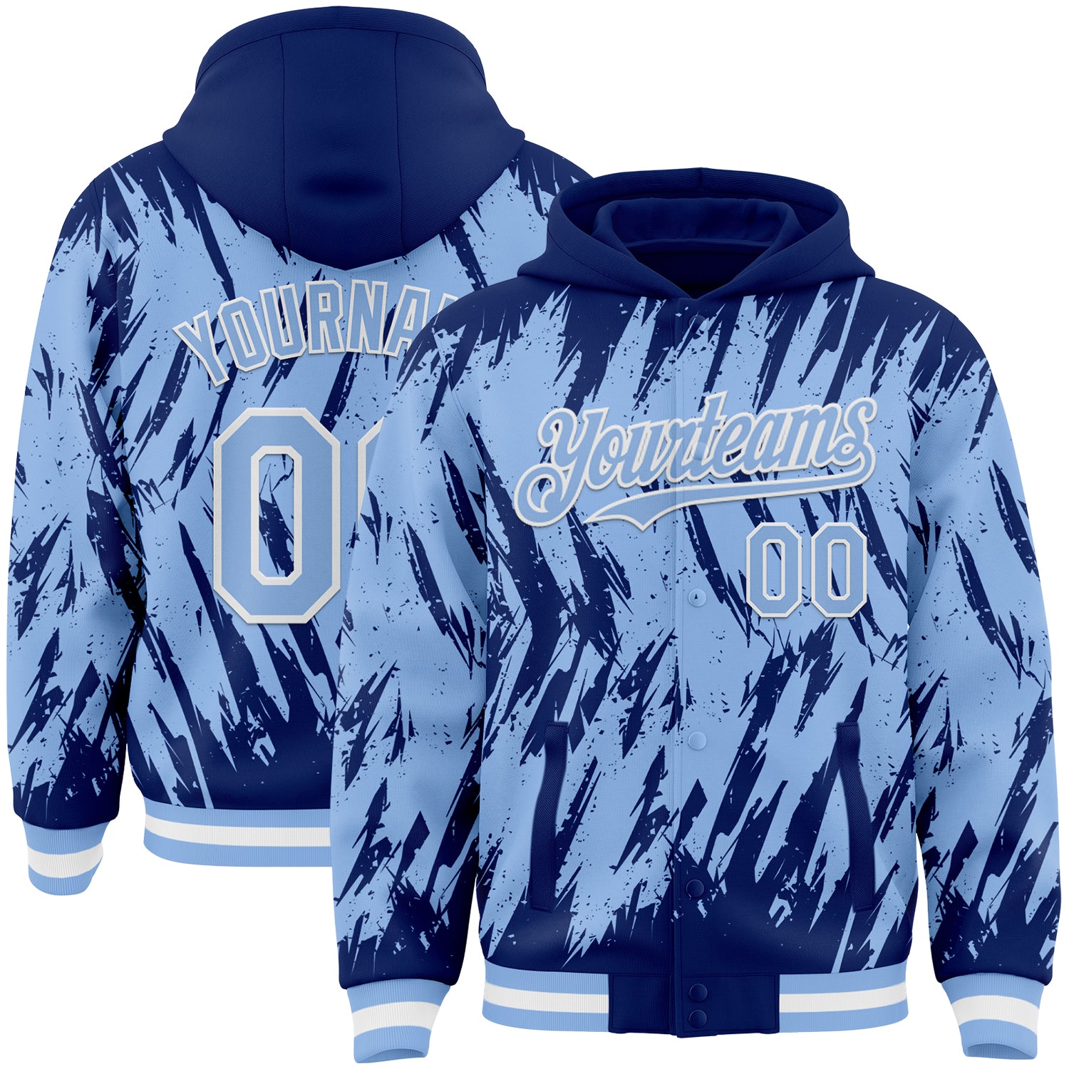 Custom Royal Light Blue-White Abstract Sharp Shape Fragment Pattern Bomber Full-Snap Varsity Letterman Hoodie Jacket