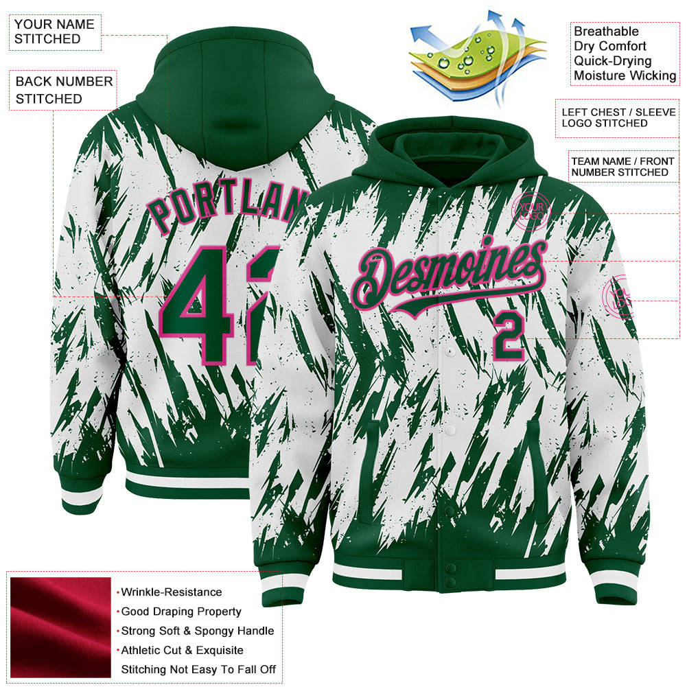 Custom Kelly Green White-Pink Abstract Sharp Shape Fragment Pattern Bomber Full-Snap Varsity Letterman Hoodie Jacket