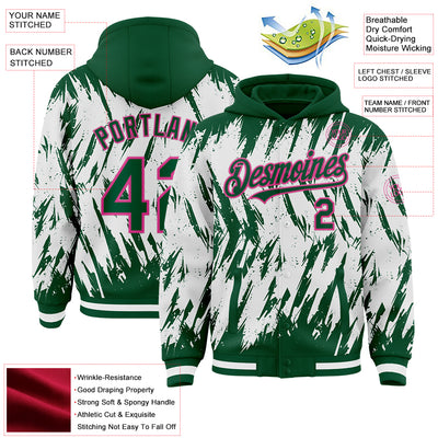 Custom Kelly Green White-Pink Abstract Sharp Shape Fragment Pattern Bomber Full-Snap Varsity Letterman Hoodie Jacket