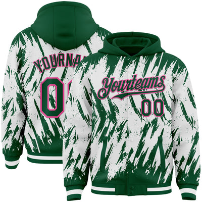 Custom Kelly Green White-Pink Abstract Sharp Shape Fragment Pattern Bomber Full-Snap Varsity Letterman Hoodie Jacket