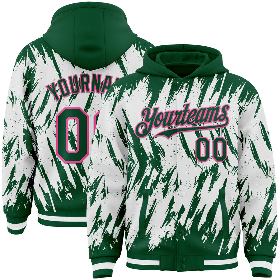 Custom Kelly Green White-Pink Abstract Sharp Shape Fragment Pattern Bomber Full-Snap Varsity Letterman Hoodie Jacket