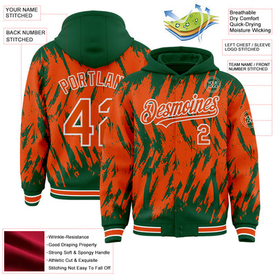 Custom Kelly Green Orange-White Abstract Sharp Shape Fragment Pattern Bomber Full-Snap Varsity Letterman Hoodie Jacket