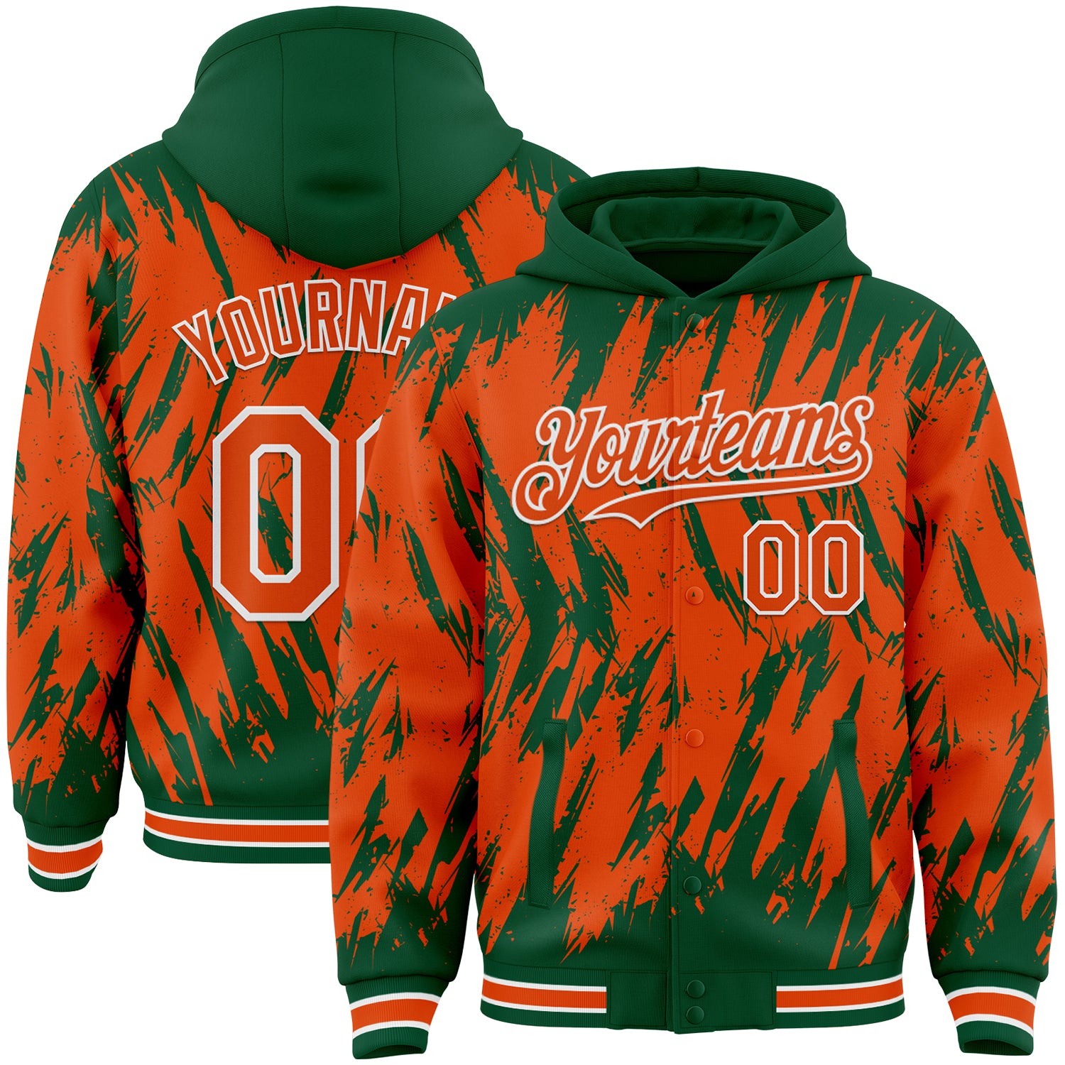 Custom Kelly Green Orange-White Abstract Sharp Shape Fragment Pattern Bomber Full-Snap Varsity Letterman Hoodie Jacket