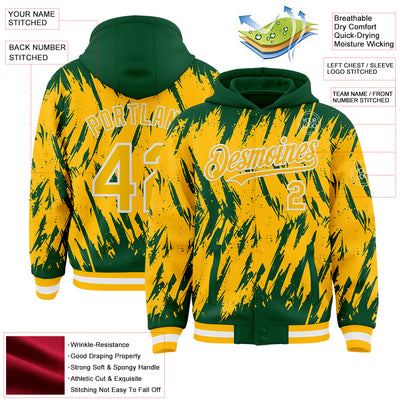 Custom Kelly Green Gold-White Abstract Sharp Shape Fragment Pattern Bomber Full-Snap Varsity Letterman Hoodie Jacket