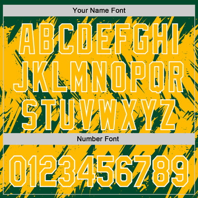 Custom Kelly Green Gold-White Abstract Sharp Shape Fragment Pattern Bomber Full-Snap Varsity Letterman Hoodie Jacket