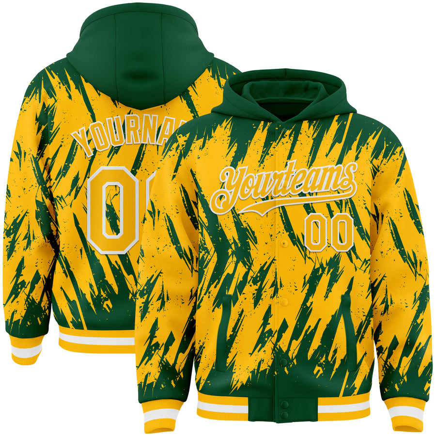 Custom Kelly Green Gold-White Abstract Sharp Shape Fragment Pattern Bomber Full-Snap Varsity Letterman Hoodie Jacket