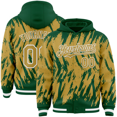 Custom Kelly Green Old Gold-White Abstract Sharp Shape Fragment Pattern Bomber Full-Snap Varsity Letterman Hoodie Jacket
