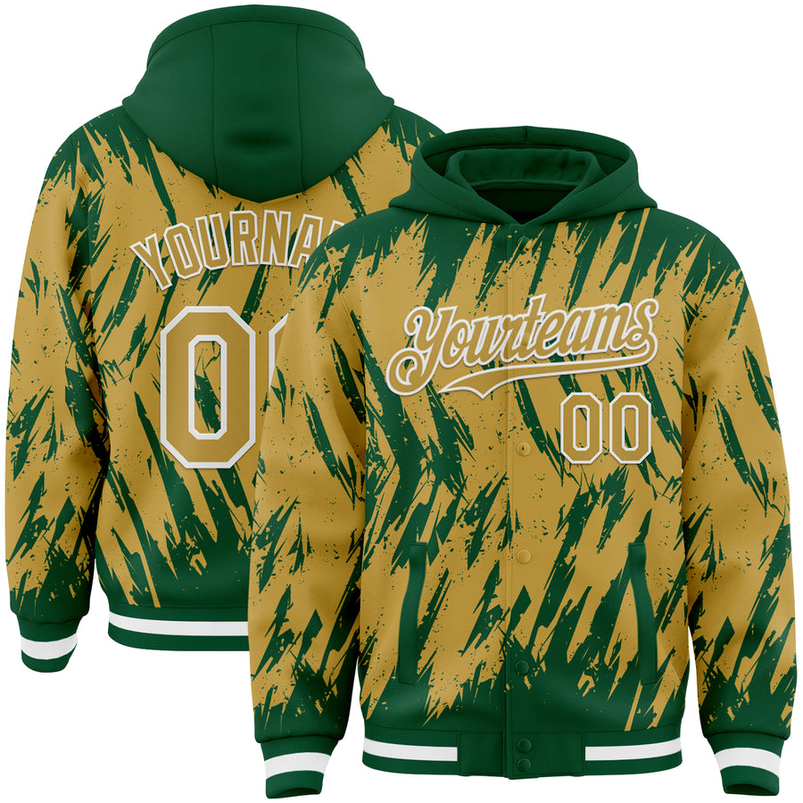 Custom Kelly Green Old Gold-White Abstract Sharp Shape Fragment Pattern Bomber Full-Snap Varsity Letterman Hoodie Jacket