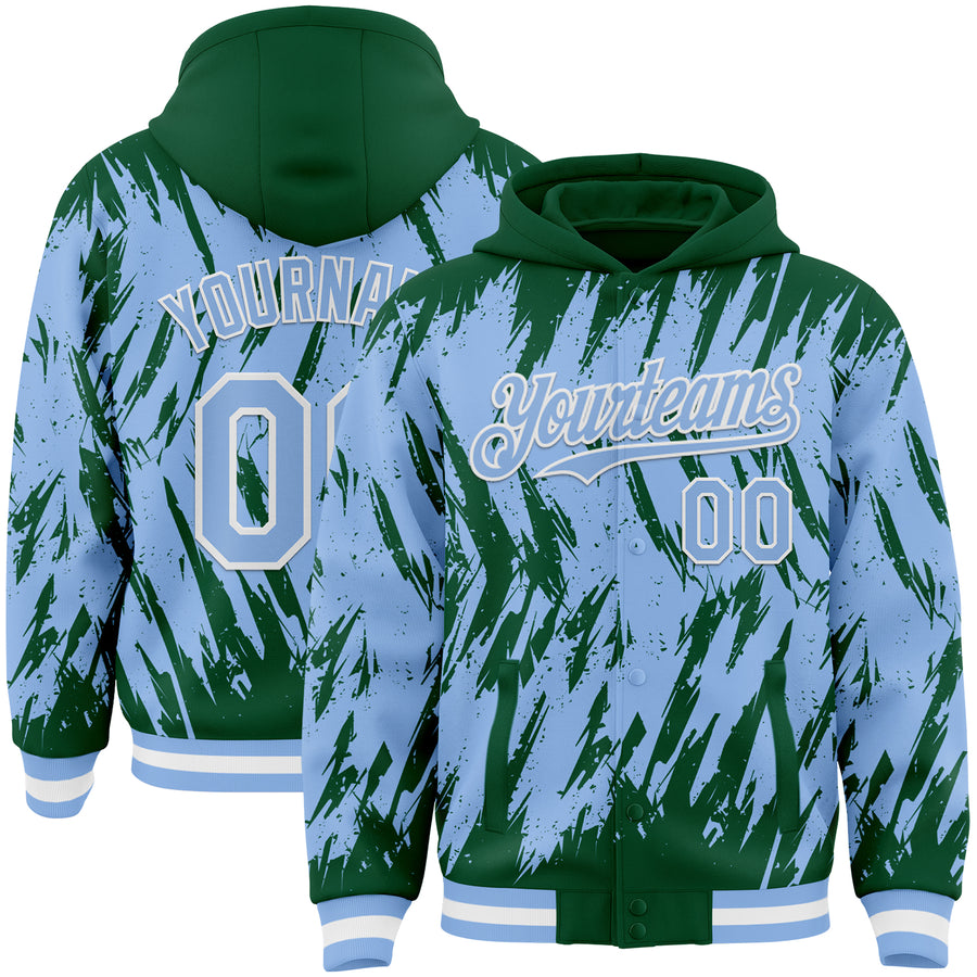 Custom Kelly Green Light Blue-White Abstract Sharp Shape Fragment Pattern Bomber Full-Snap Varsity Letterman Hoodie Jacket