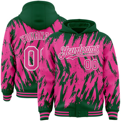 Custom Kelly Green Pink-White Abstract Sharp Shape Fragment Pattern Bomber Full-Snap Varsity Letterman Hoodie Jacket