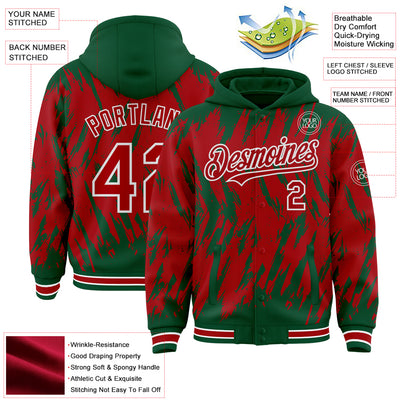 Custom Kelly Green Red-White Abstract Sharp Shape Fragment Pattern Bomber Full-Snap Varsity Letterman Hoodie Jacket