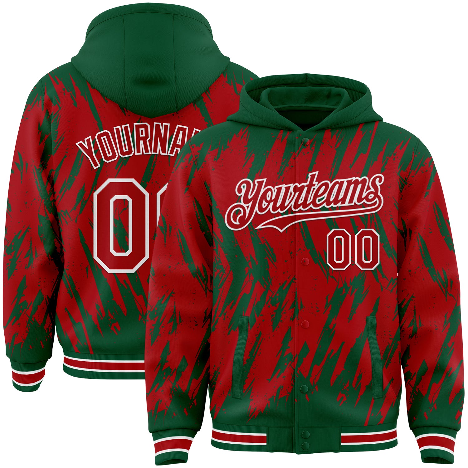 Custom Kelly Green Red-White Abstract Sharp Shape Fragment Pattern Bomber Full-Snap Varsity Letterman Hoodie Jacket
