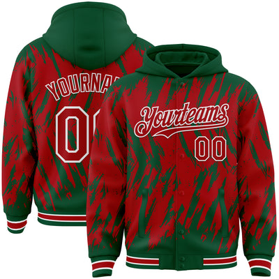 Custom Kelly Green Red-White Abstract Sharp Shape Fragment Pattern Bomber Full-Snap Varsity Letterman Hoodie Jacket