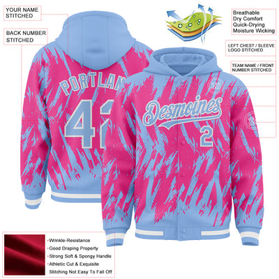Custom Light Blue Pink-White Abstract Sharp Shape Fragment Pattern Bomber Full-Snap Varsity Letterman Hoodie Jacket