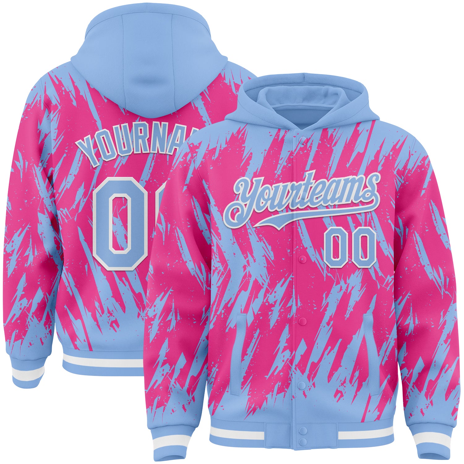 Custom Light Blue Pink-White Abstract Sharp Shape Fragment Pattern Bomber Full-Snap Varsity Letterman Hoodie Jacket