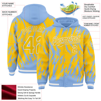 Custom Light Blue Yellow-White Abstract Sharp Shape Fragment Pattern Bomber Full-Snap Varsity Letterman Hoodie Jacket