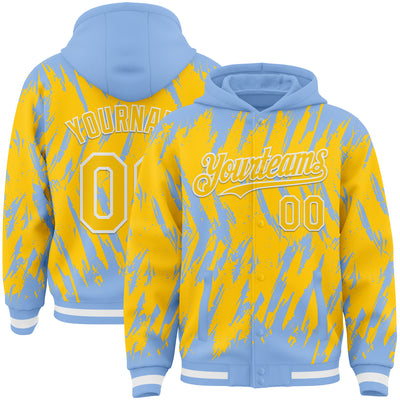 Custom Light Blue Yellow-White Abstract Sharp Shape Fragment Pattern Bomber Full-Snap Varsity Letterman Hoodie Jacket