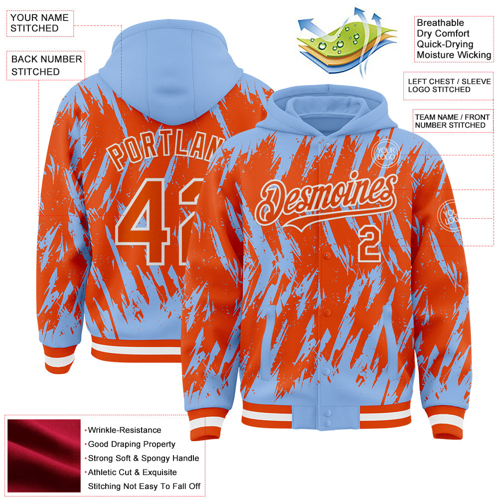 Custom Light Blue Orange-White Abstract Sharp Shape Fragment Pattern Bomber Full-Snap Varsity Letterman Hoodie Jacket