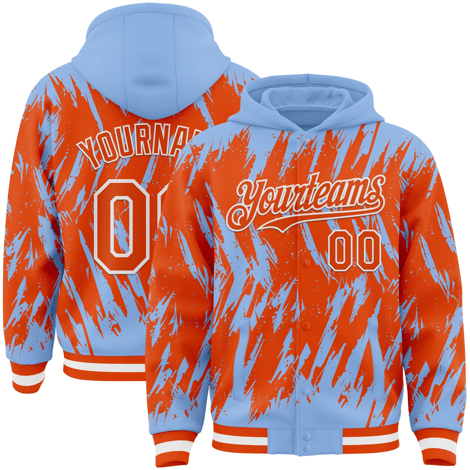 Custom Light Blue Orange-White Abstract Sharp Shape Fragment Pattern Bomber Full-Snap Varsity Letterman Hoodie Jacket