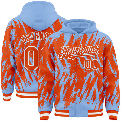 Custom Light Blue Orange-White Abstract Sharp Shape Fragment Pattern Bomber Full-Snap Varsity Letterman Hoodie Jacket