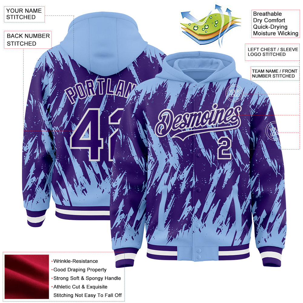 Custom Light Blue Purple-White Abstract Sharp Shape Fragment Pattern Bomber Full-Snap Varsity Letterman Hoodie Jacket