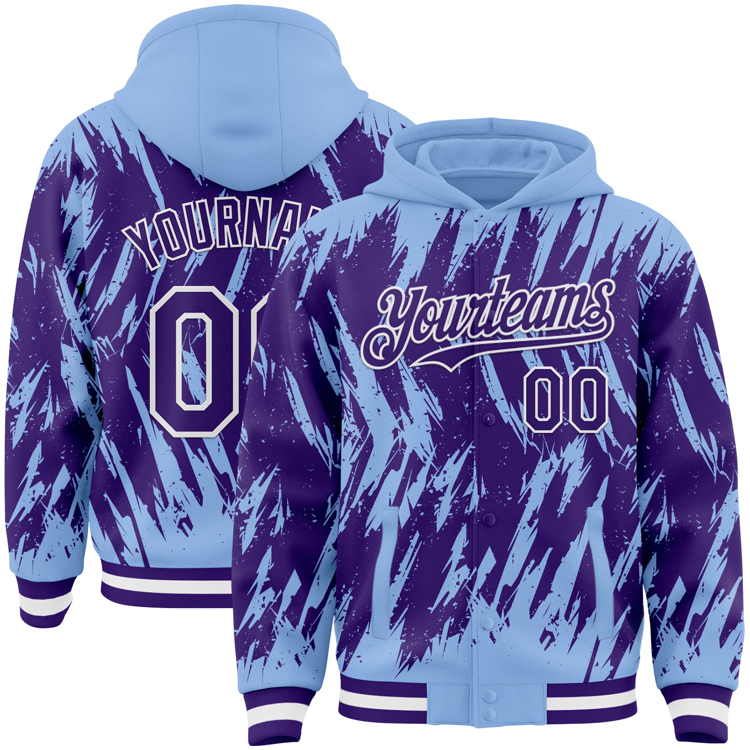 Custom Light Blue Purple-White Abstract Sharp Shape Fragment Pattern Bomber Full-Snap Varsity Letterman Hoodie Jacket