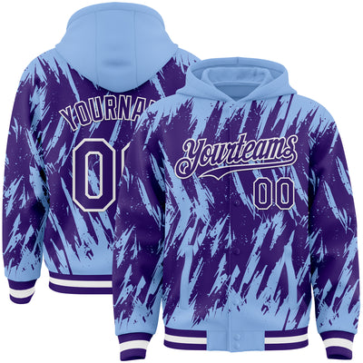 Custom Light Blue Purple-White Abstract Sharp Shape Fragment Pattern Bomber Full-Snap Varsity Letterman Hoodie Jacket