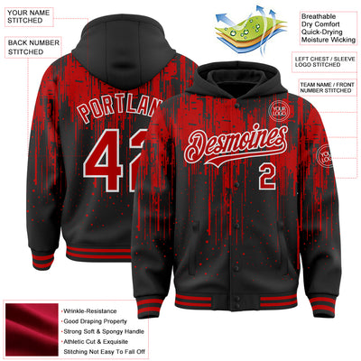 Custom Black Red-White Dripping Splatter Bomber Full-Snap Varsity Letterman Hoodie Jacket