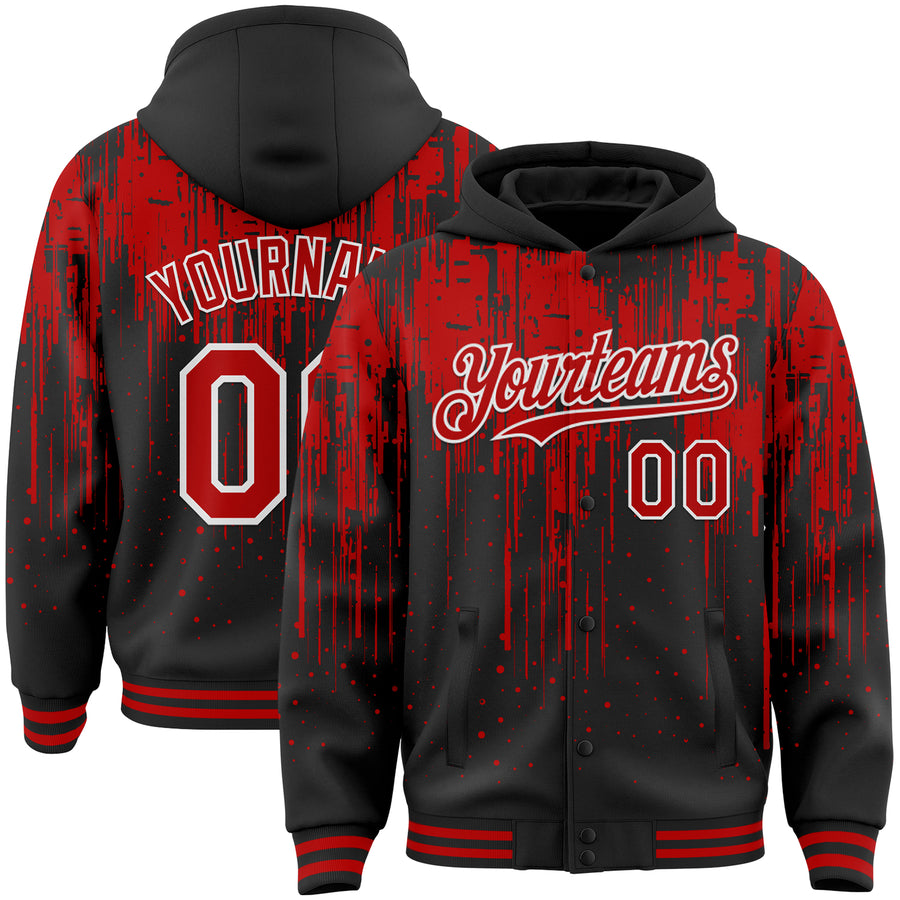 Custom Black Red-White Dripping Splatter Bomber Full-Snap Varsity Letterman Hoodie Jacket