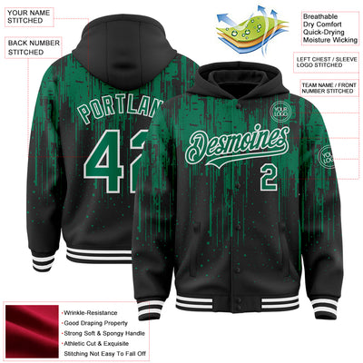 Custom Black Kelly Green-White Dripping Splatter Bomber Full-Snap Varsity Letterman Hoodie Jacket