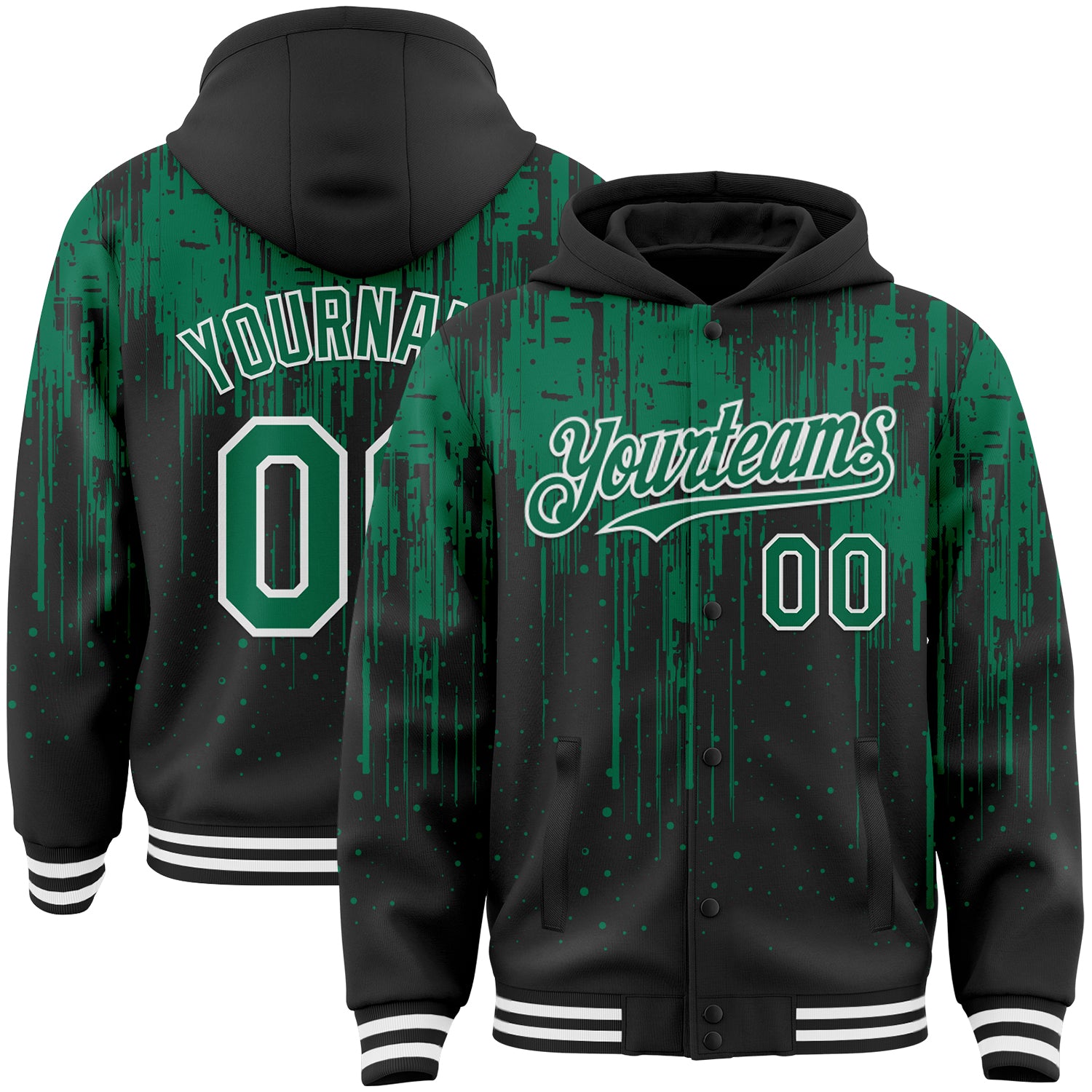 Custom Black Kelly Green-White Dripping Splatter Bomber Full-Snap Varsity Letterman Hoodie Jacket