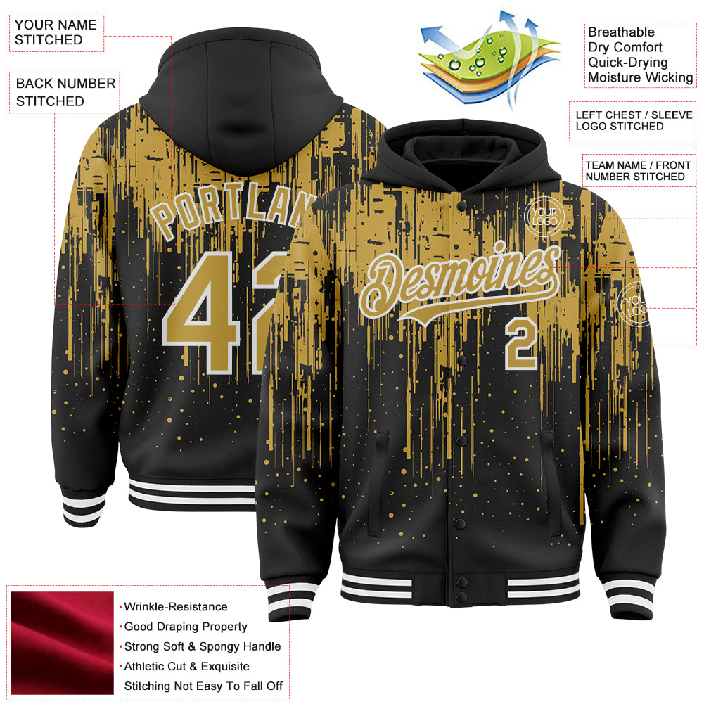 Custom Black Old Gold-White Dripping Splatter Bomber Full-Snap Varsity Letterman Hoodie Jacket