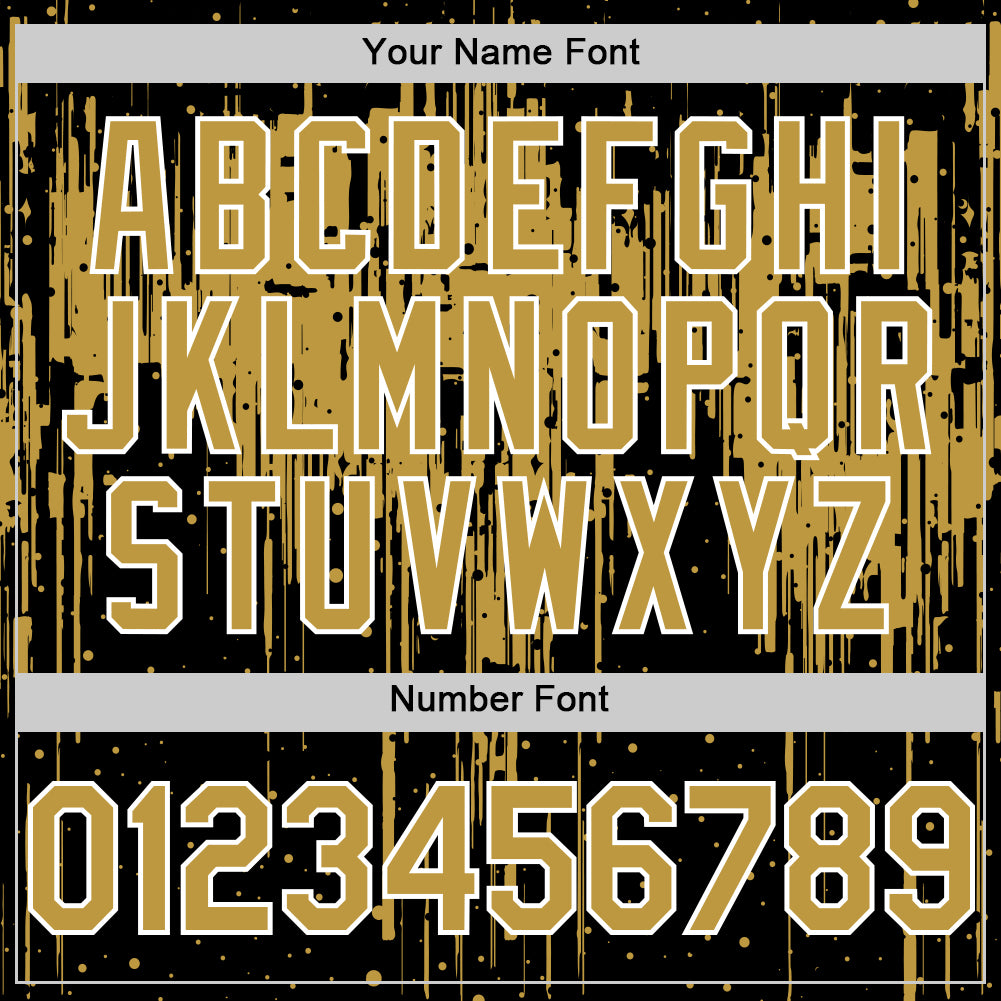 Custom Black Old Gold-White Dripping Splatter Bomber Full-Snap Varsity Letterman Hoodie Jacket