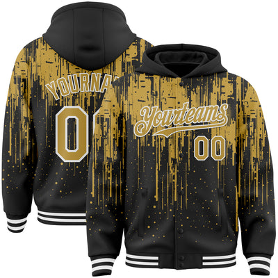 Custom Black Old Gold-White Dripping Splatter Bomber Full-Snap Varsity Letterman Hoodie Jacket
