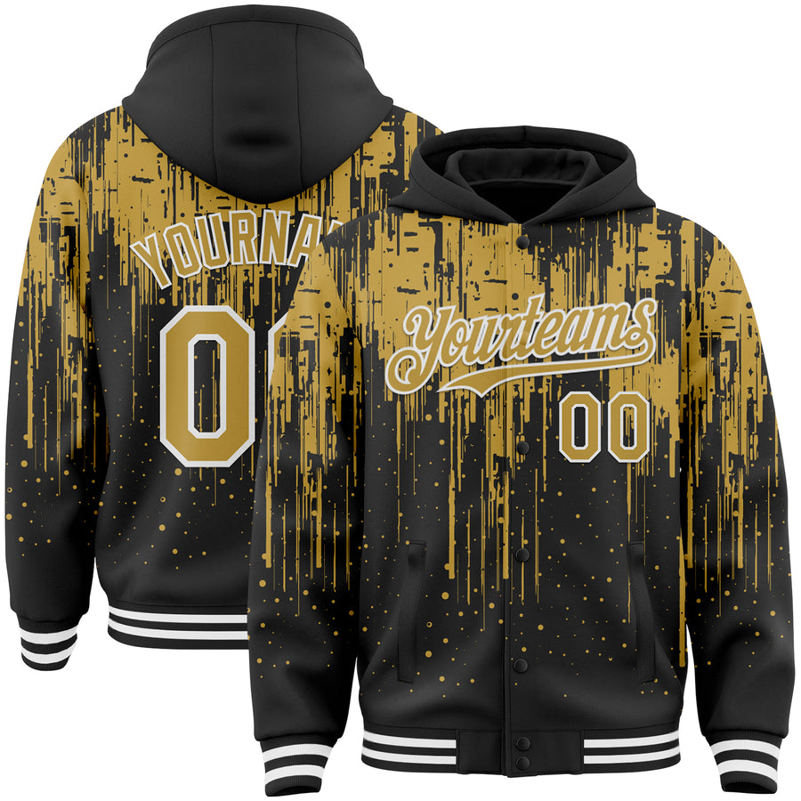 Custom Black Old Gold-White Dripping Splatter Bomber Full-Snap Varsity Letterman Hoodie Jacket