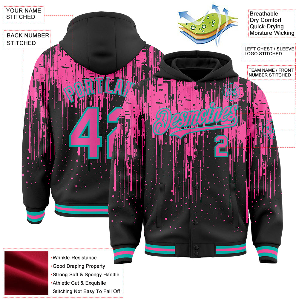 Custom Black Pink-Aqua Dripping Splatter Bomber Full-Snap Varsity Letterman Hoodie Jacket