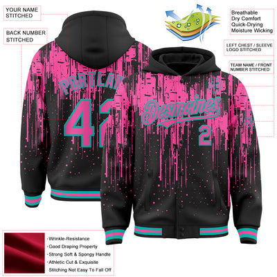 Custom Black Pink-Aqua Dripping Splatter Bomber Full-Snap Varsity Letterman Hoodie Jacket