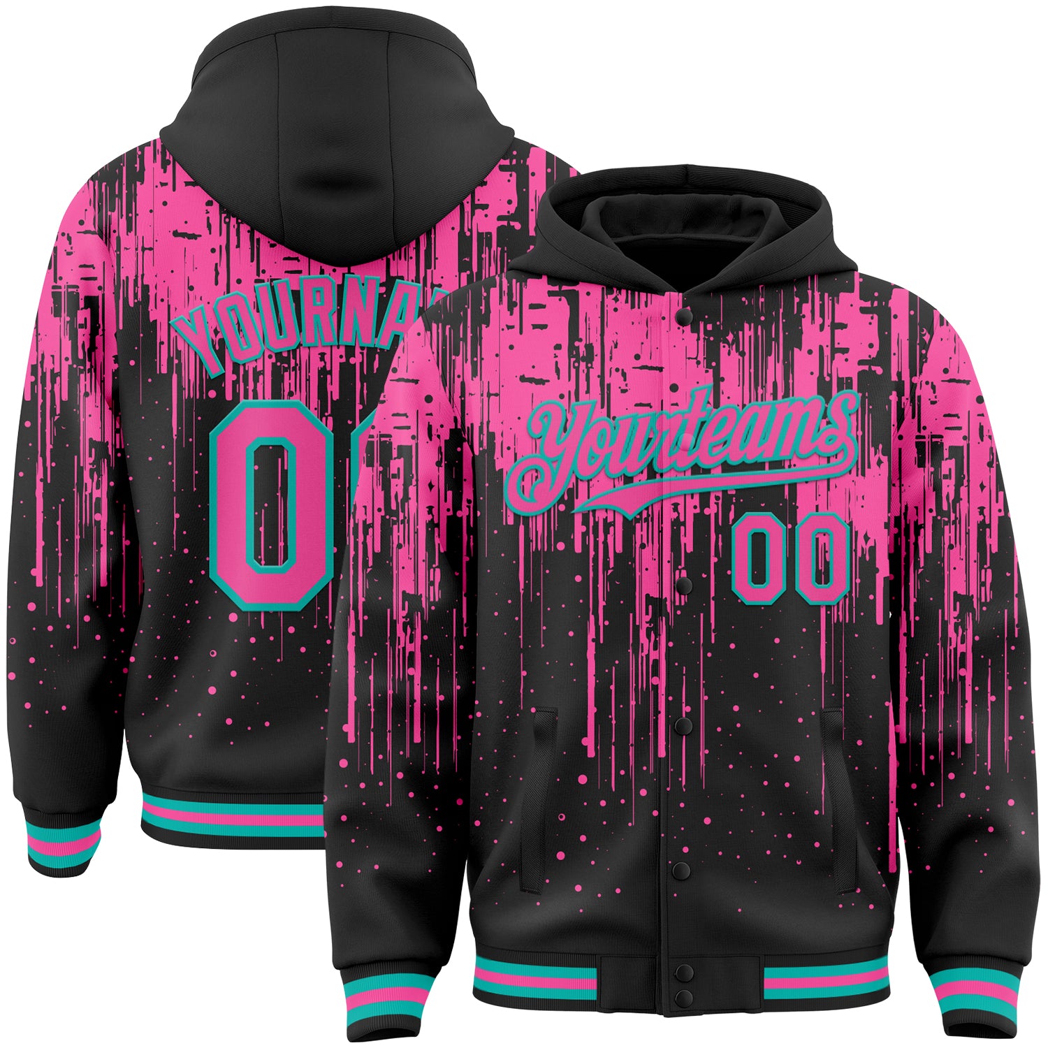 Custom Black Pink-Aqua Dripping Splatter Bomber Full-Snap Varsity Letterman Hoodie Jacket