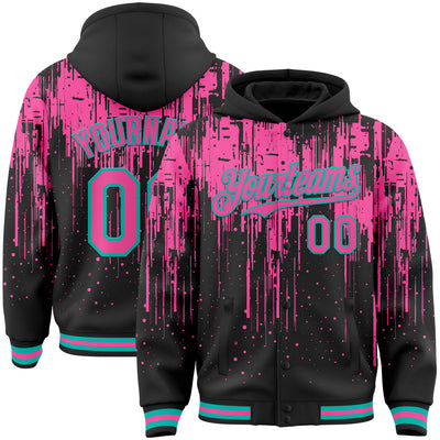 Custom Black Pink-Aqua Dripping Splatter Bomber Full-Snap Varsity Letterman Hoodie Jacket