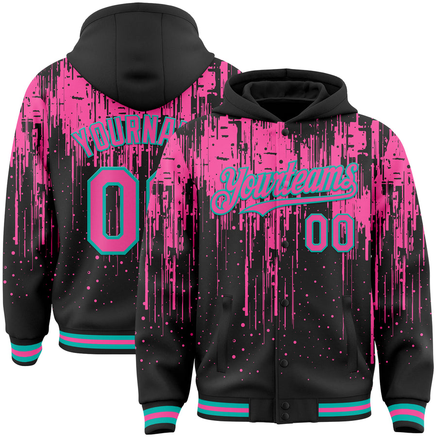 Custom Black Pink-Aqua Dripping Splatter Bomber Full-Snap Varsity Letterman Hoodie Jacket