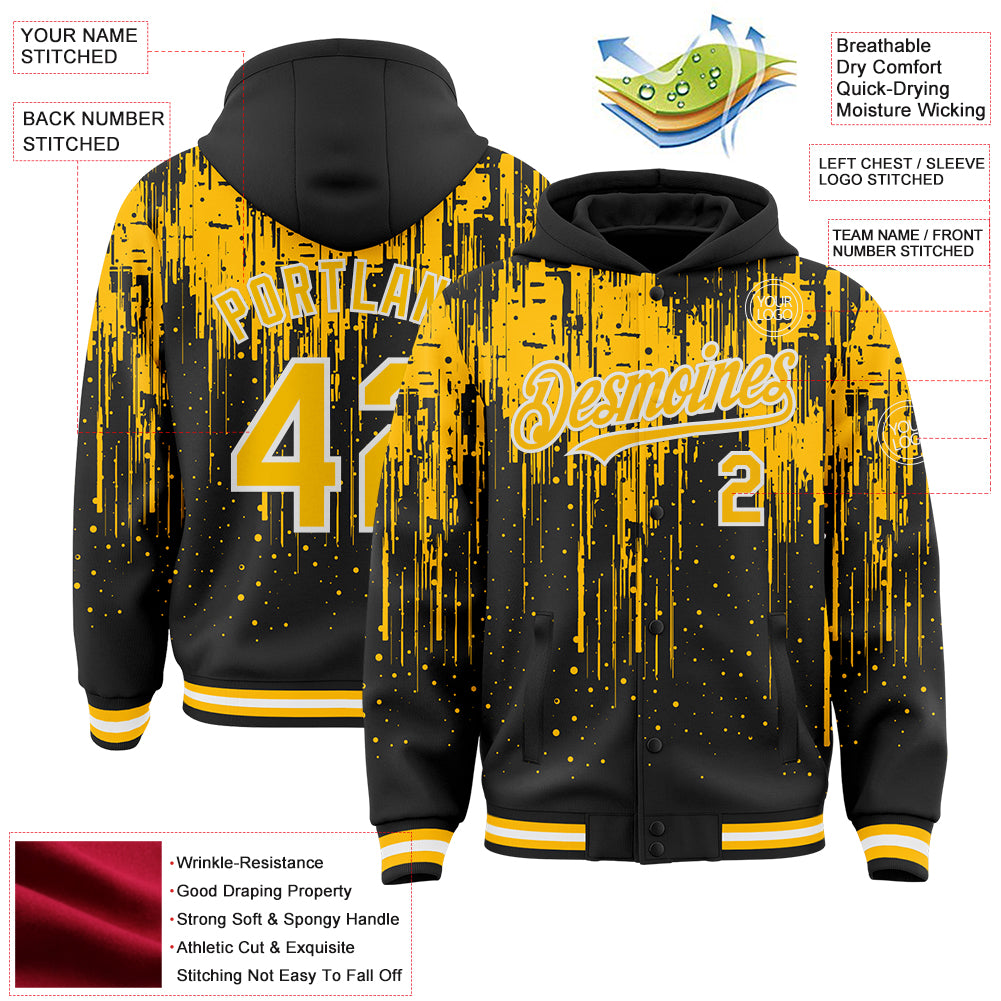 Custom Black Gold-White Dripping Splatter Bomber Full-Snap Varsity Letterman Hoodie Jacket