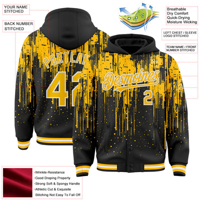 Custom Black Gold-White Dripping Splatter Bomber Full-Snap Varsity Letterman Hoodie Jacket