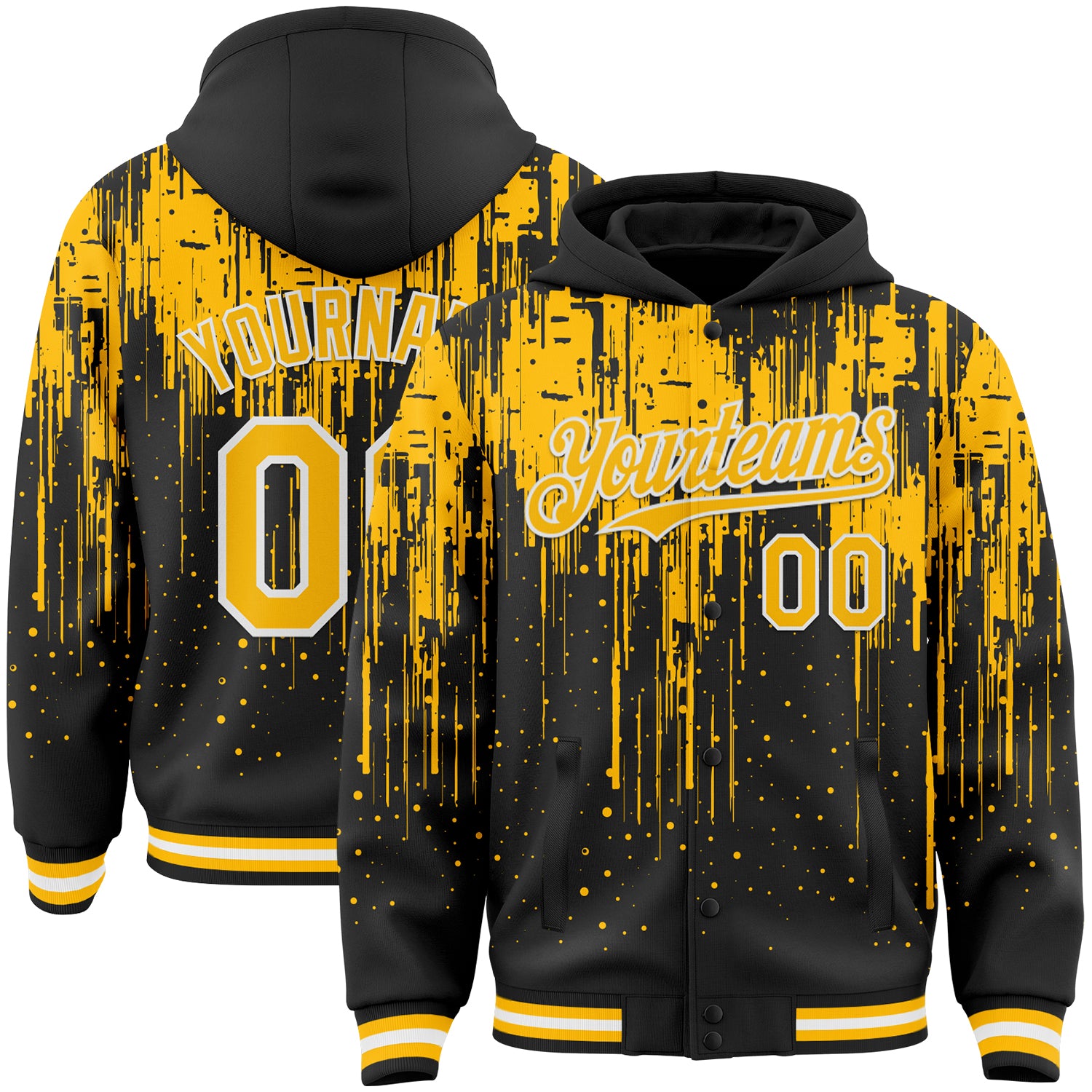Custom Black Gold-White Dripping Splatter Bomber Full-Snap Varsity Letterman Hoodie Jacket